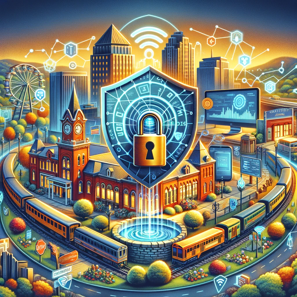 A welcoming digital landscape featuring iconic landmarks of South Fulton, Tennessee, intertwined with symbols of cybersecurity such as padlocks, digital screens displaying code, and a shield bearing the Wi-Fi symbol. The image should convey a sense of community and digital safety, blending the charm of South Fulton with the modern necessity of online security. Use a warm and inviting color palette to reflect the friendly nature of the city and its residents, while incorporating elements like the Twin Cities Railroad Museum and the Unity Park Amphitheater to root the imagery in local landmarks. The overall composition should be vibrant and engaging, aiming to visually communicate the importance of cybersecurity in a community setting.